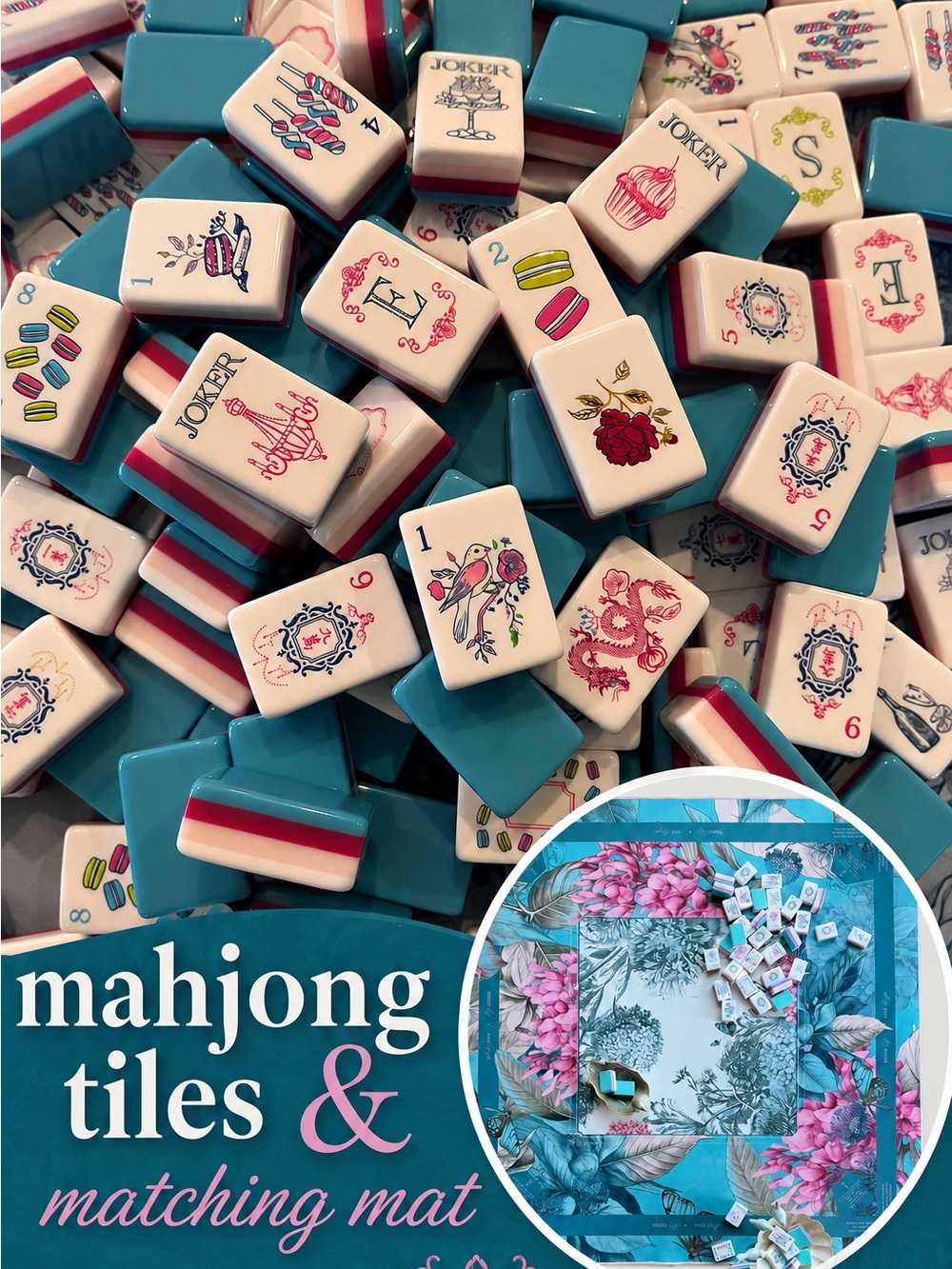 New! Mahjong Tiles & Mat Teal Pink Parisian Pastry Similar to Couture Confection